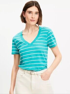 Women's Loft Green Striped V-Neck Tee Sz Small NWT